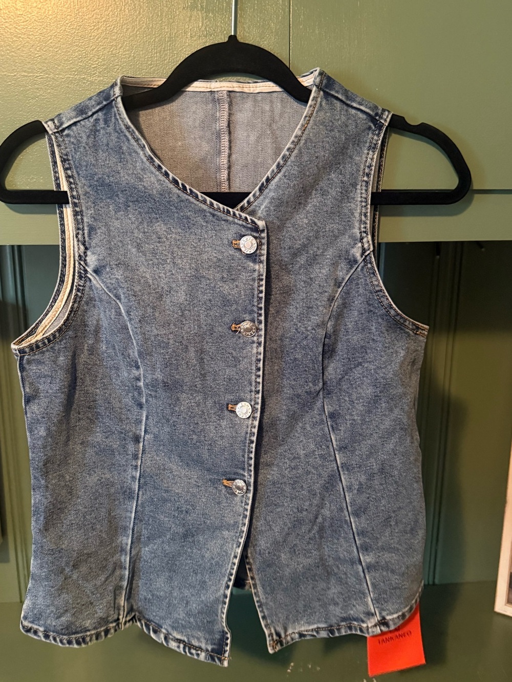 Denim Button-Front Sleeveless Vest - Blue
